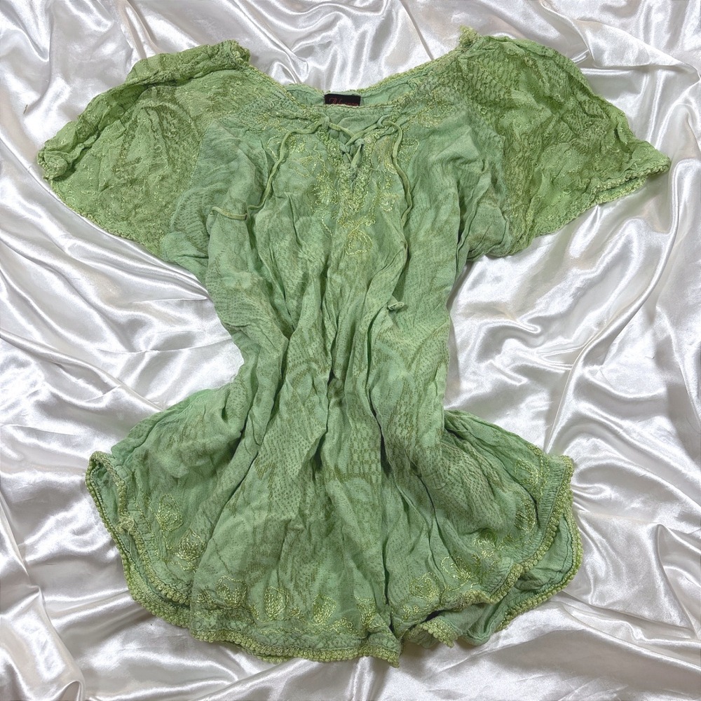 Vintage Advance Apparels Top Green Excellent Embroidered Boho Peasant Blouse P
